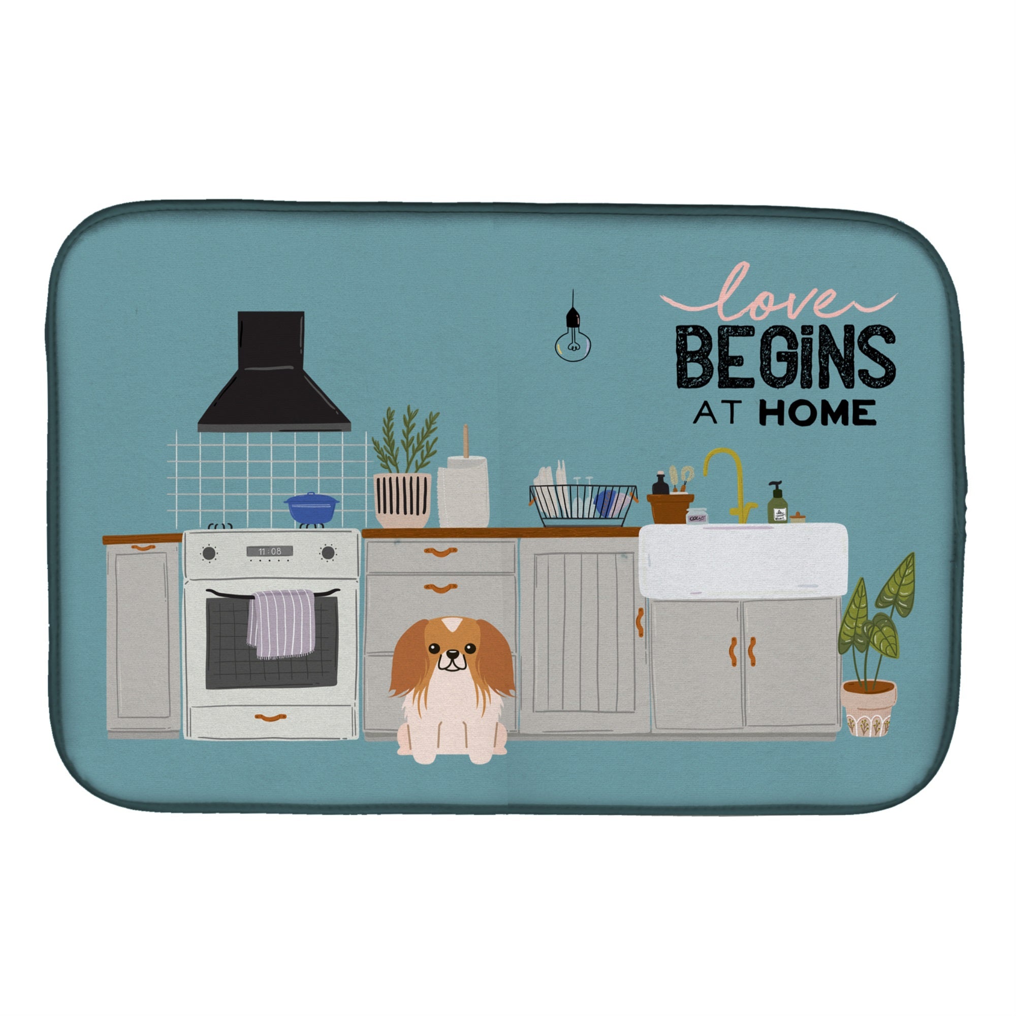 Red White Pekingese Kitchen Scene Dish Drying Mat